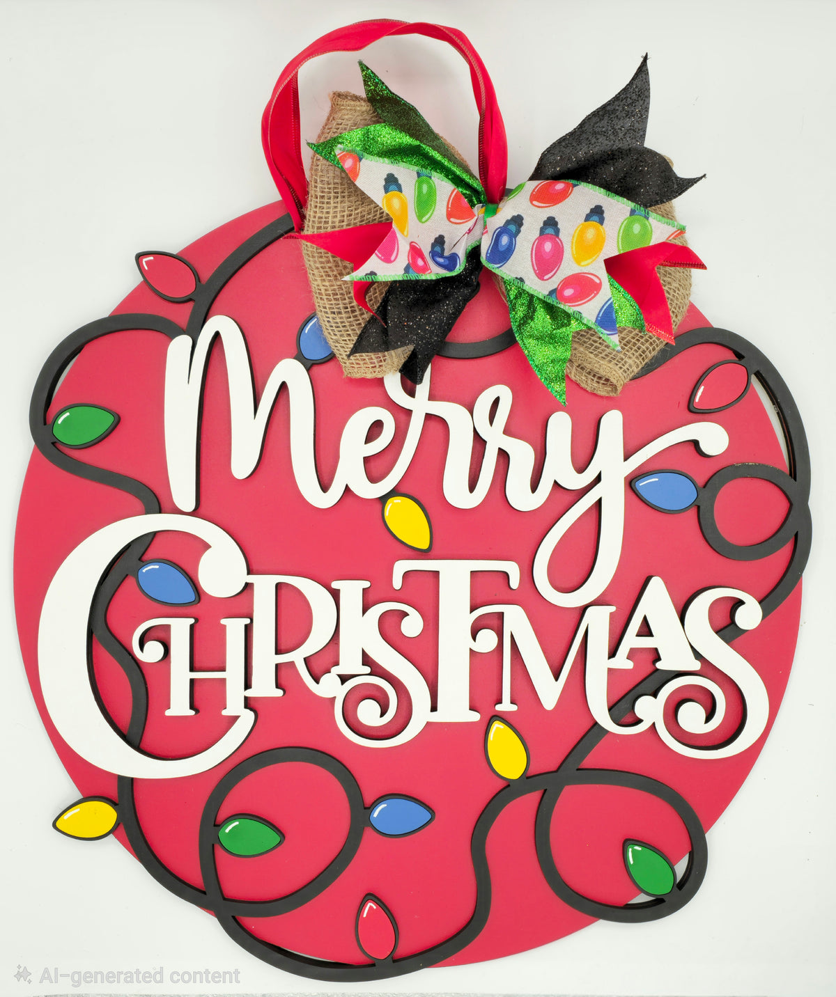 Merry Christmas Lights Door Hanger – 16" Layered Wood Décor