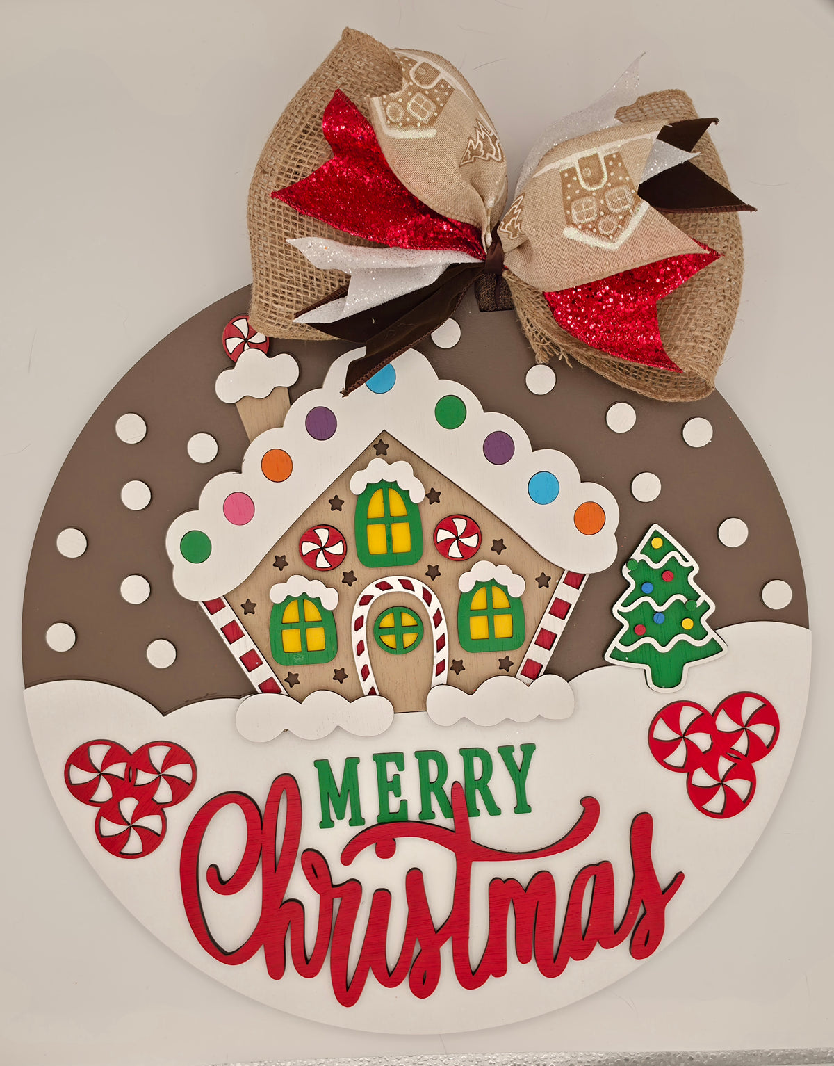 Handmade gingerbread house Christmas door hanger with layered wood design