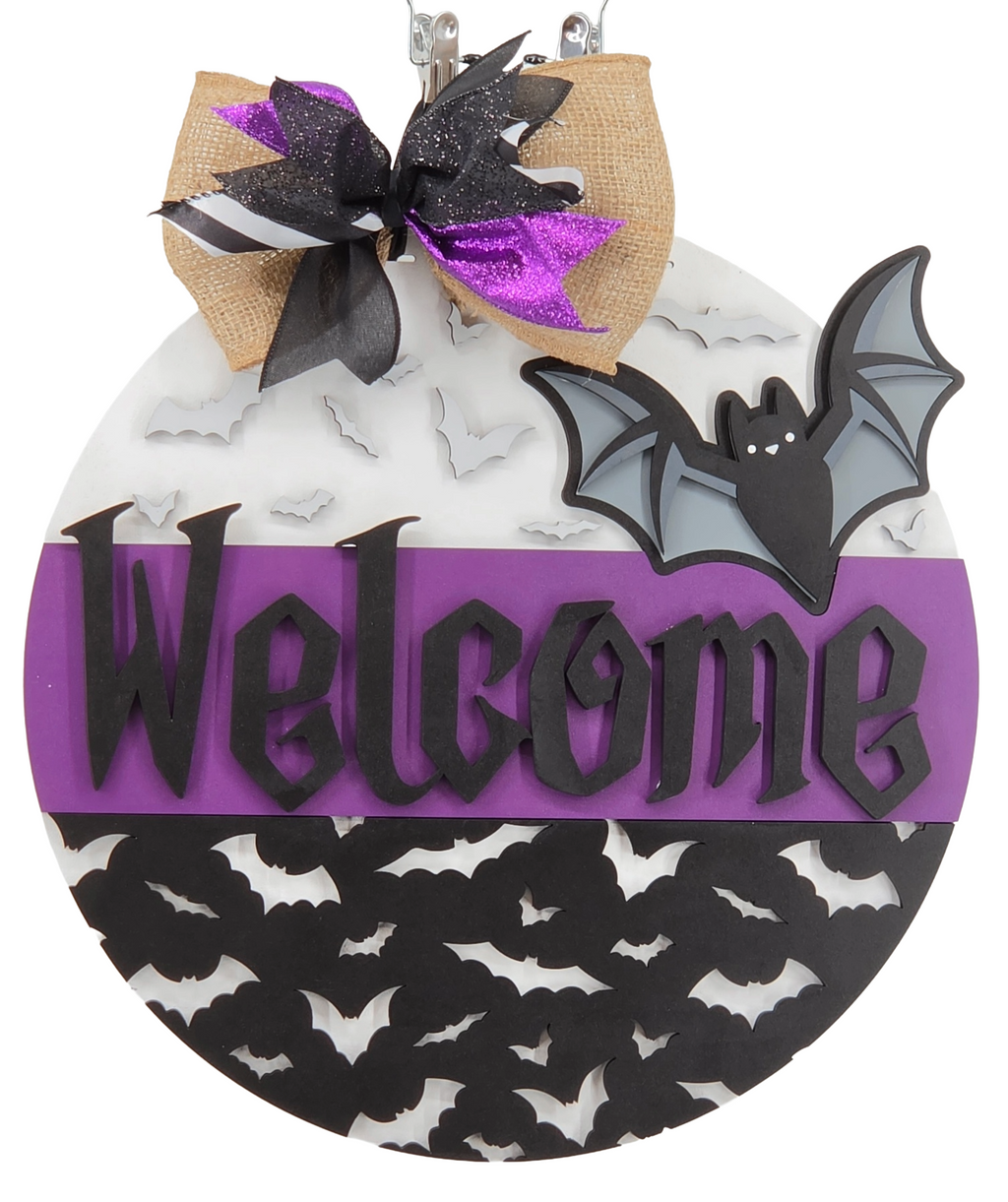 Welcome Bats Halloween Door Hanger – 16" Layered Wood Décor