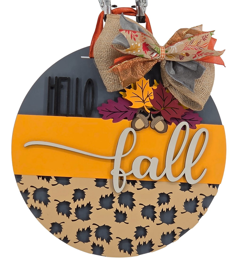 Hello Fall Leopard Print Door Hanger – 16" Layered Wood Décor
