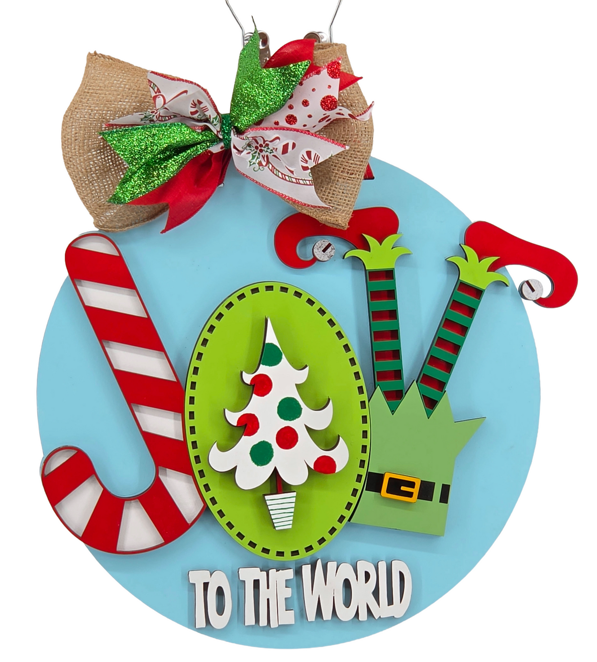 Joy to the World Elf Christmas Door Hanger – 16" Layered Wood Décor
