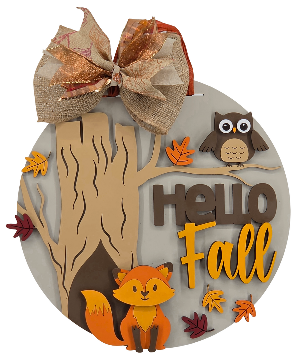 Hello Fall Woodland Animals Door Hanger – 16" Layered Wood Décor