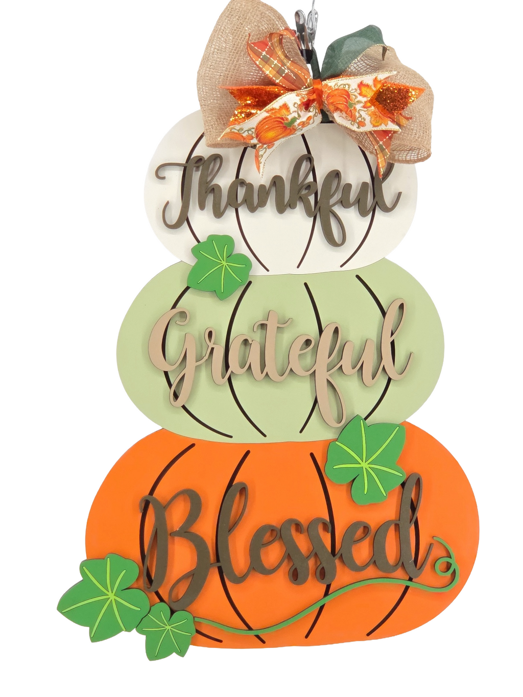 Thankful Grateful Blessed Stacked Pumpkin Door Hanger – Layered Wood Décor