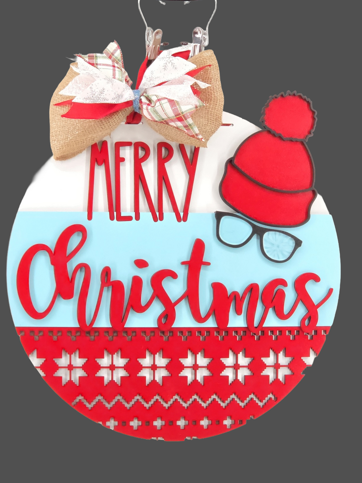 Merry Christmas Winter Hat Door Hanger – 16" Layered Wood Décor