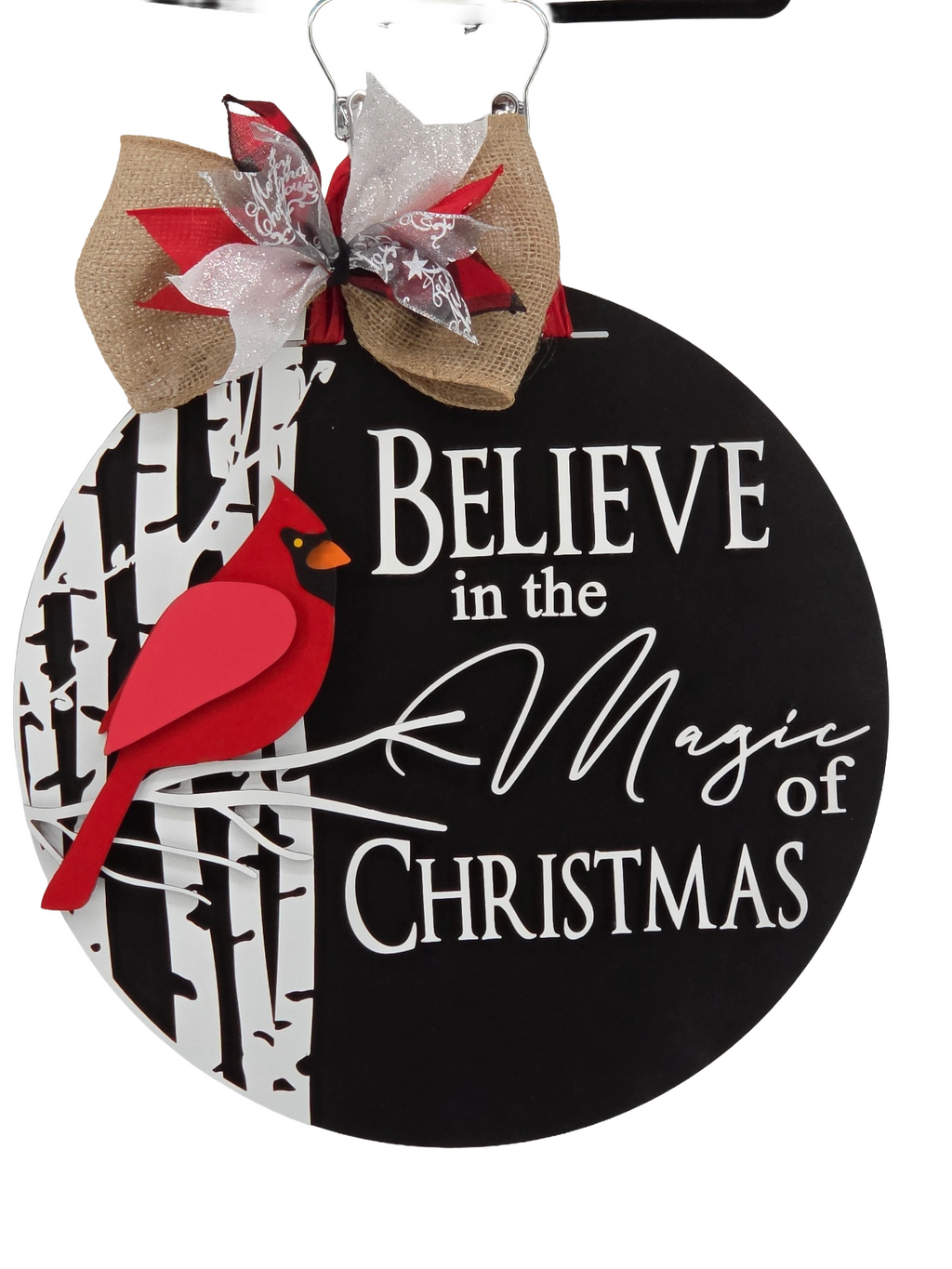Believe in the Magic of Christmas Cardinal Door Hanger – 16" Layered Wood Décor