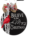 Believe in the Magic of Christmas Cardinal Door Hanger – 16" Layered Wood Décor
