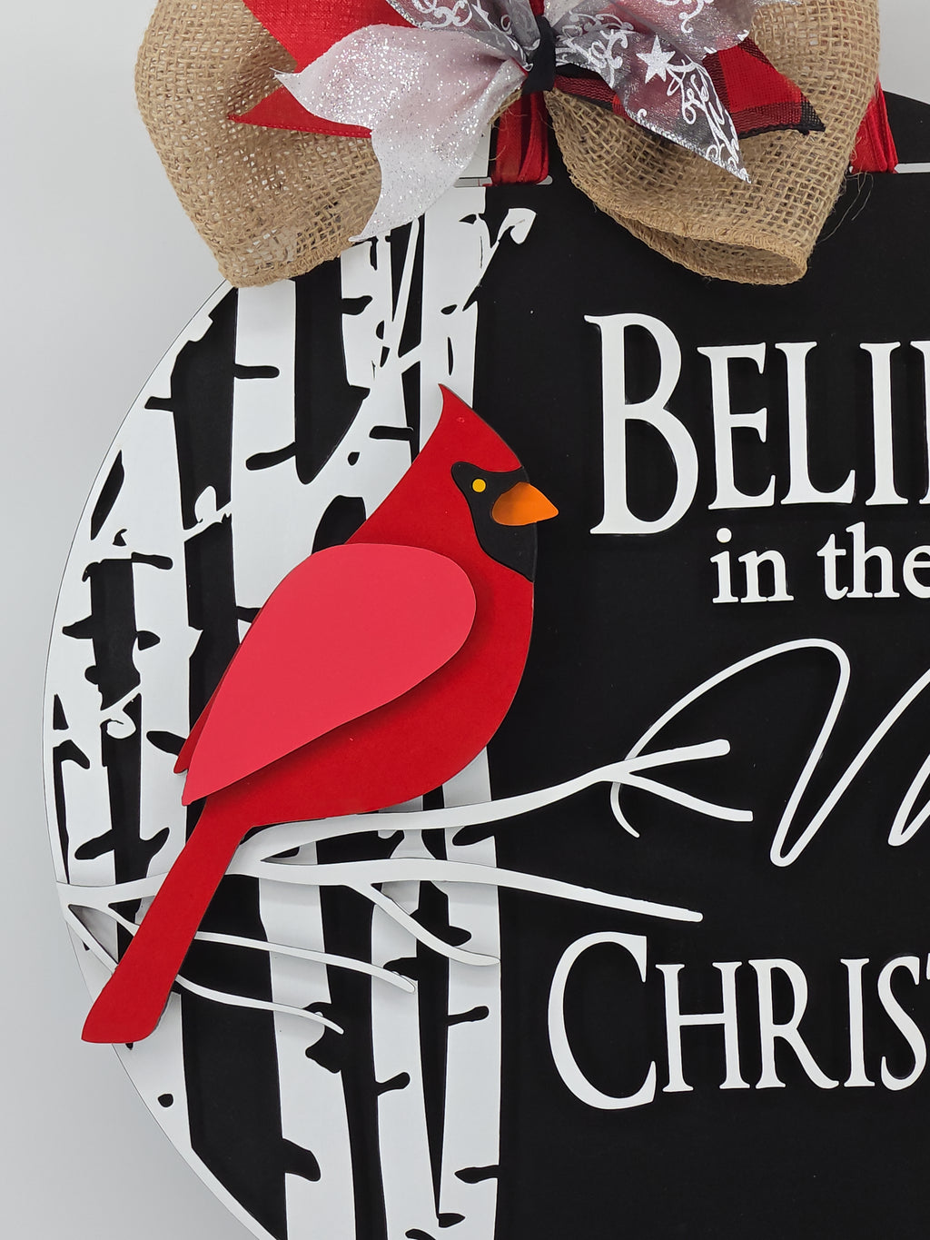 Believe in the Magic of Christmas Cardinal Door Hanger – 16" Layered Wood Décor