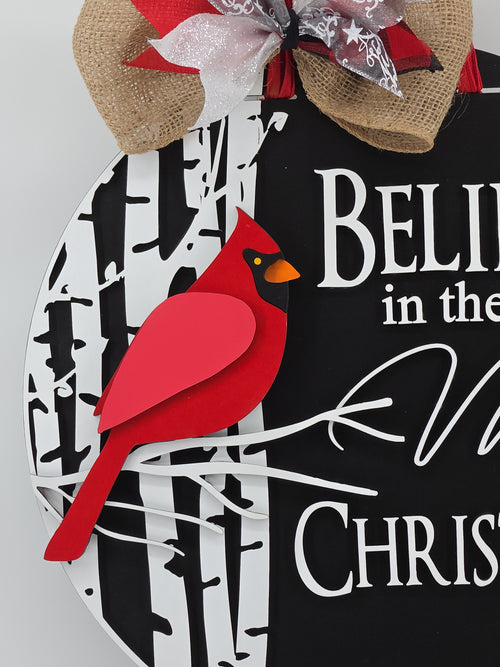 Believe in the Magic of Christmas Cardinal Door Hanger – 16" Layered Wood Décor