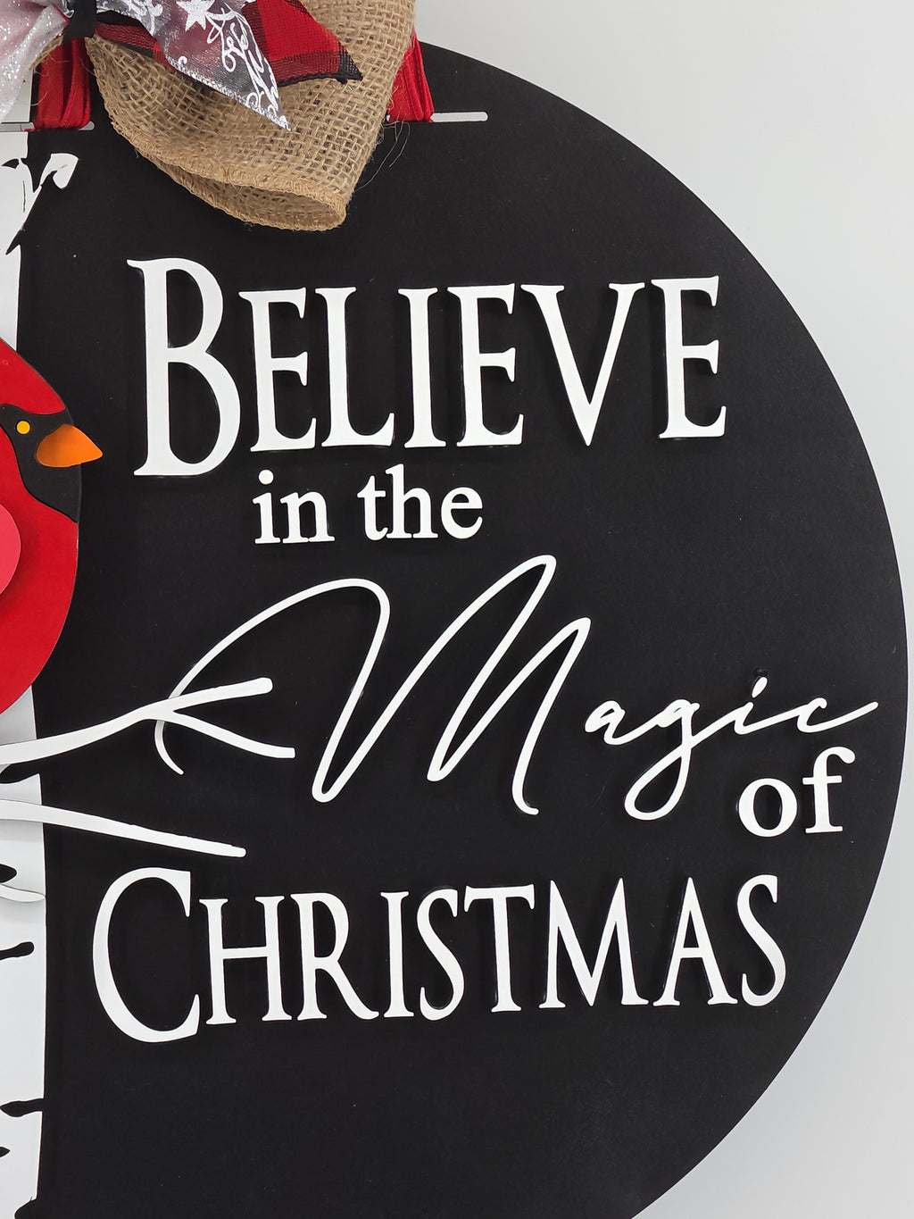 Believe in the Magic of Christmas Cardinal Door Hanger – 16" Layered Wood Décor