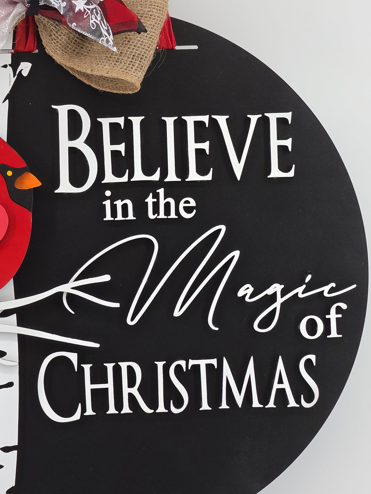 Believe in the Magic of Christmas Cardinal Door Hanger – 16" Layered Wood Décor